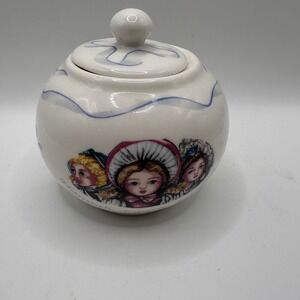 Paul Cardew Victorian Dolls Ceramic Sugar Bowl Jar with Lid White Blue Ribbon